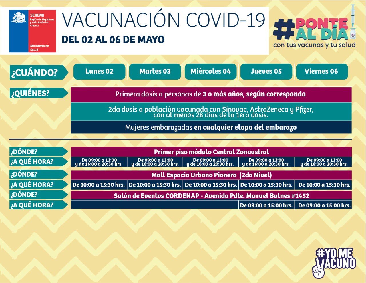 Calendarios de vacunación en Magallanes esta semana del 2 al 7 de mayo