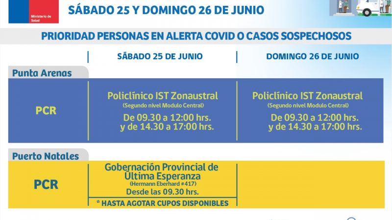 Esta sábado y domingo se efectuará toma de PCR en Puerto Natales y Punta Arenas