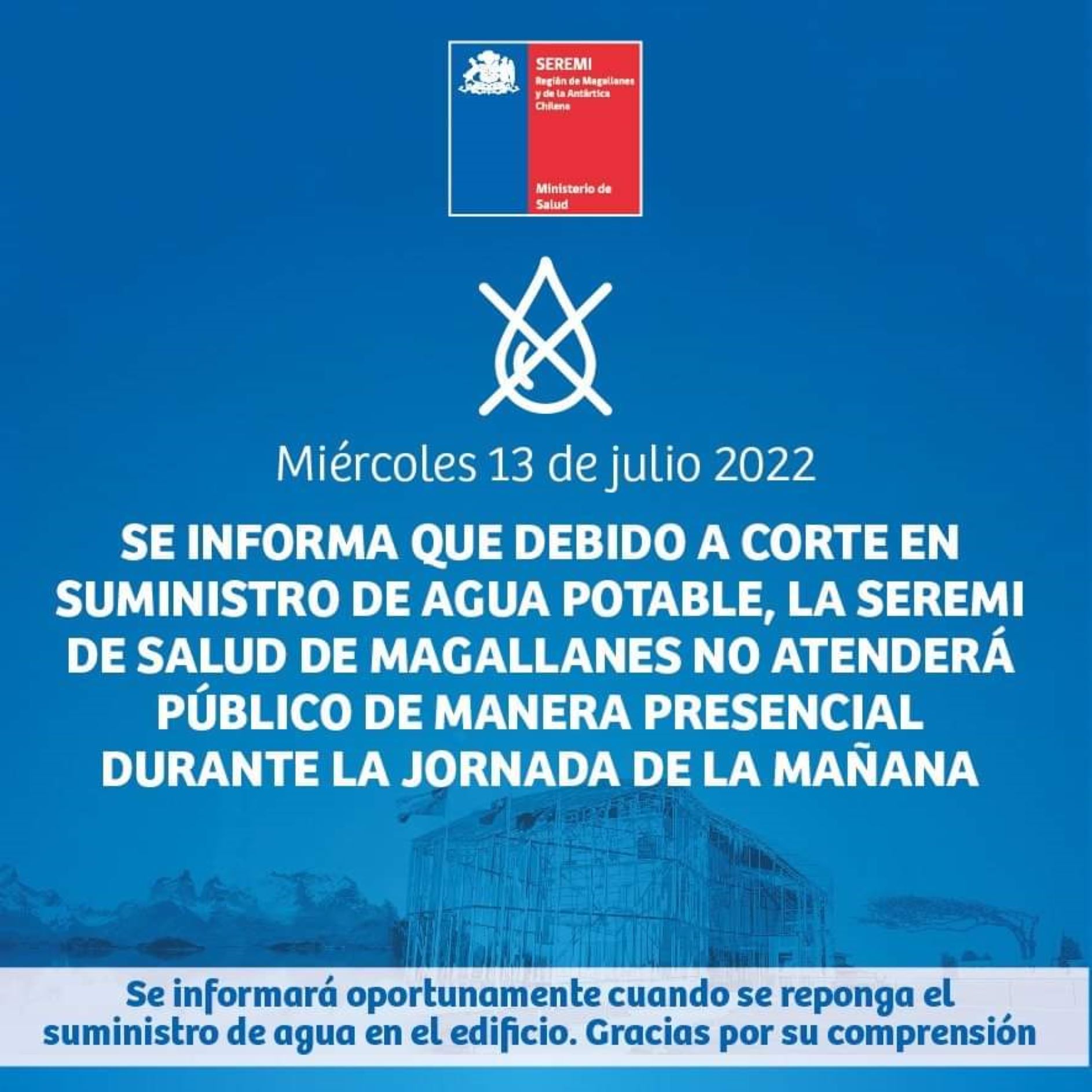 Debido a interrupción de suministro de agua potable, SEREMI de Salud no atiende hoy al público
