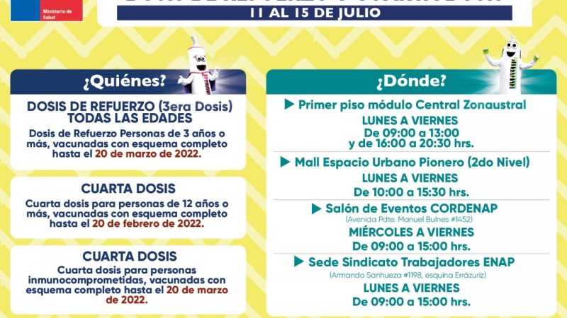 Jornadas de vacunación de refuerzo contra el covid19 en Punta Arenas | Del 11 al 15 de julio