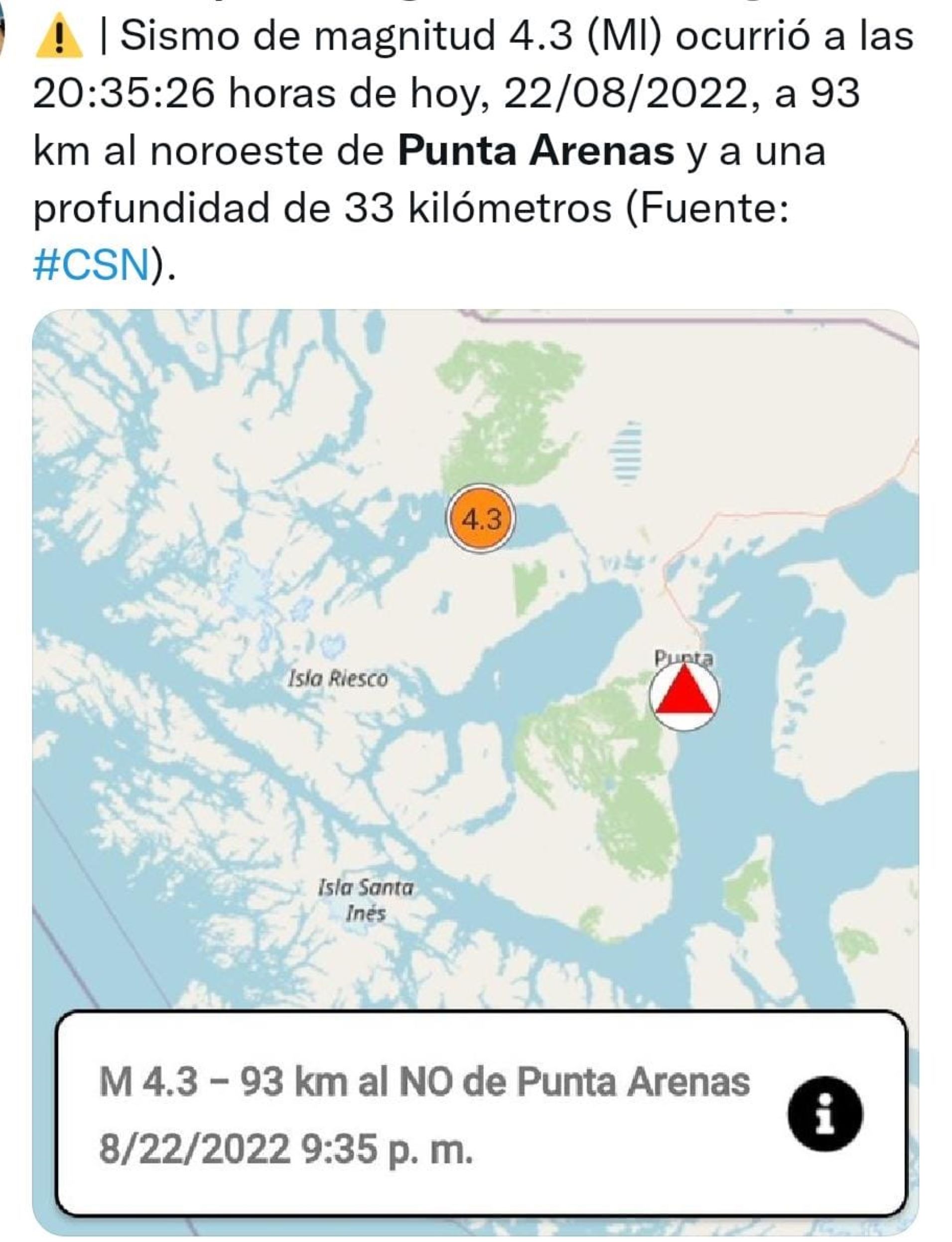 Sismo de 4.3 grados se produjo anoche en Punta Arenas