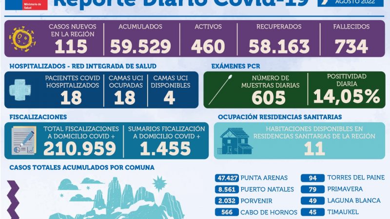 115 personas son casos nuevos de covid19 en Magallanes | Viernes 12 de agosto