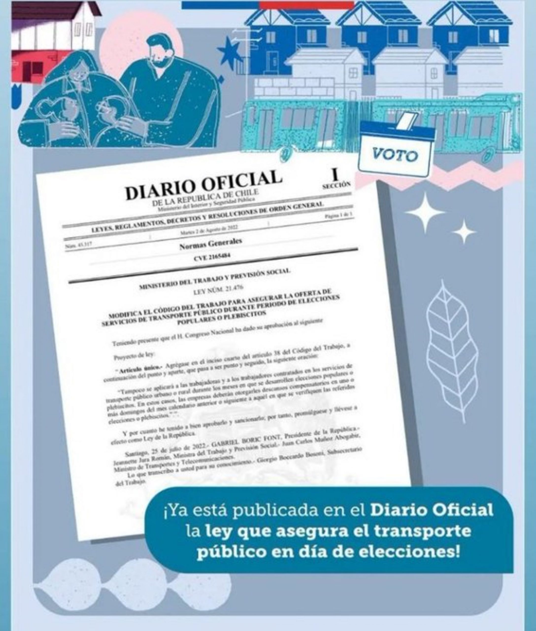 Publicada en el Diario Oficial ley que garantiza transporte público el día del plebiscito del 4 de septiembre