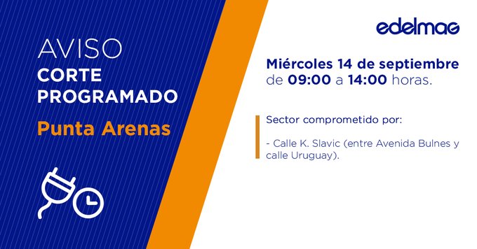 Corte programado de suministro eléctrico informa EDELMAG para este miércoles 14 en Punta Arenas