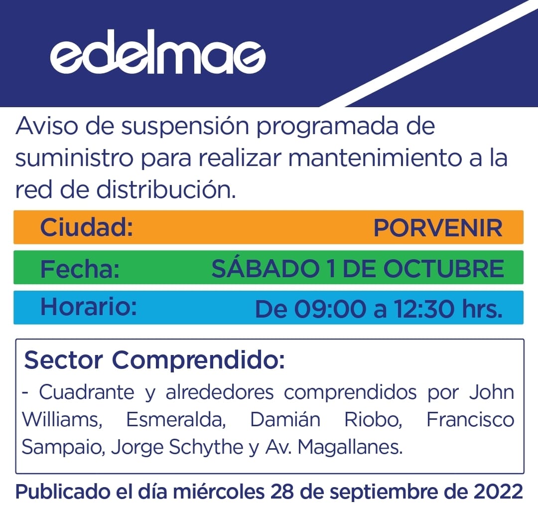 EDELMAG informa corte programado de suministro eléctrico en Porvenir