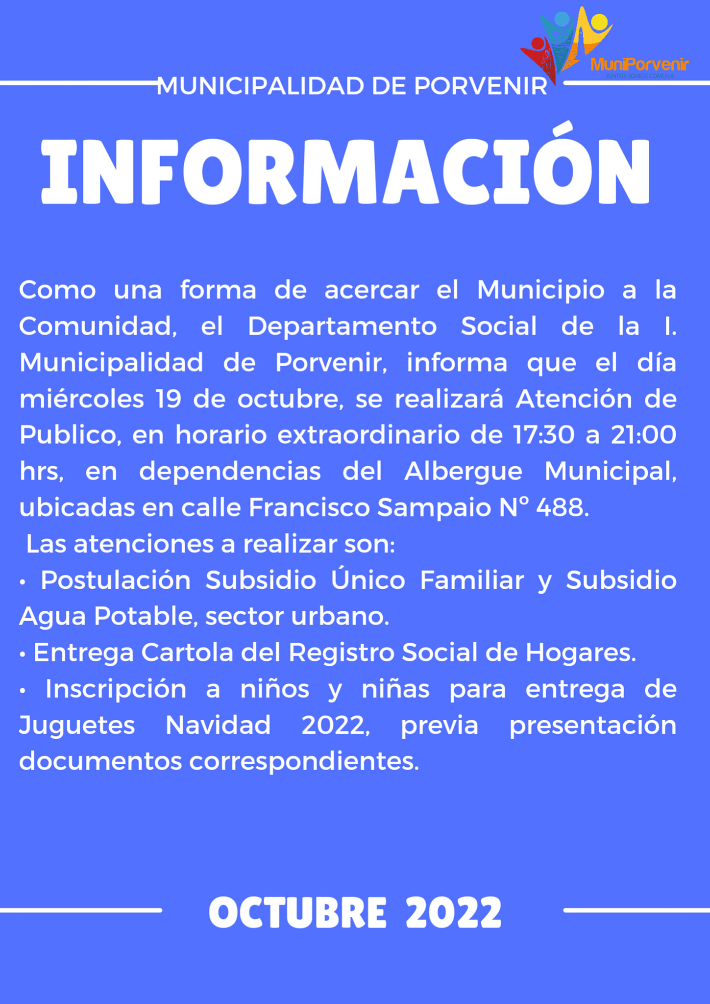 Departamento Social de la Municipalidad de Porvenir realizará atención de público en horario especial este miércoles 19 de octubre