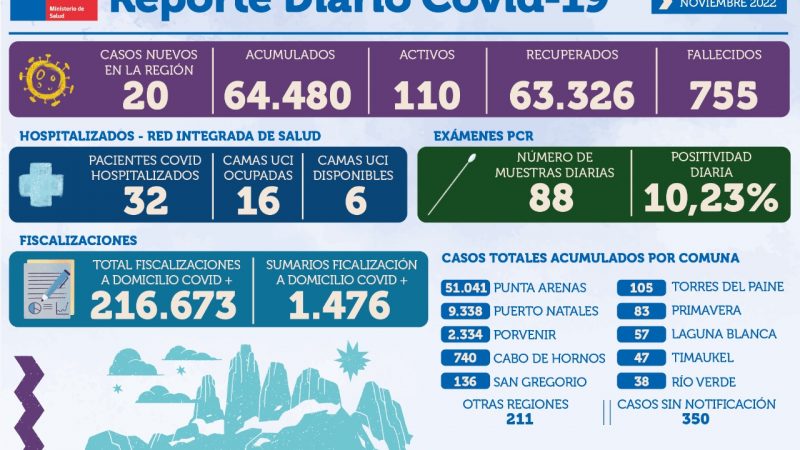 20 casos nuevos de covid19 este 22 de noviembre en Magallanes