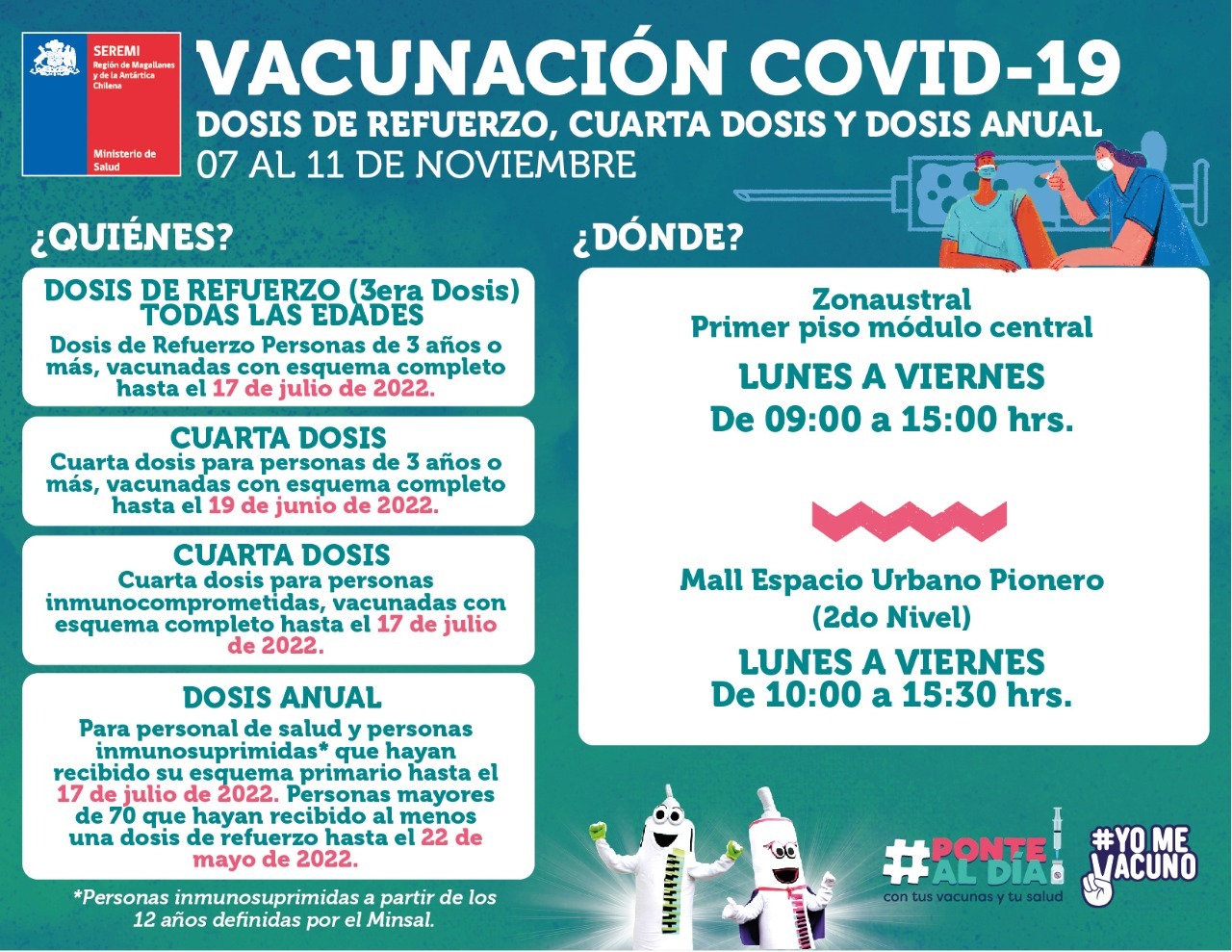 Calendario de vacunación contra covid19 y dosis de refuerzo para mayores de 70 años en Punta Arenas