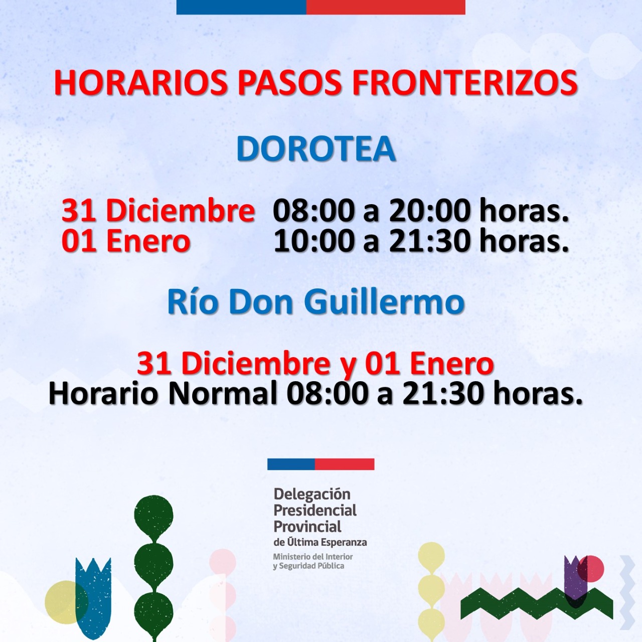 Horarios de atención en Pasos Fronterizos de Ultima Esperanza este Año Nuevo