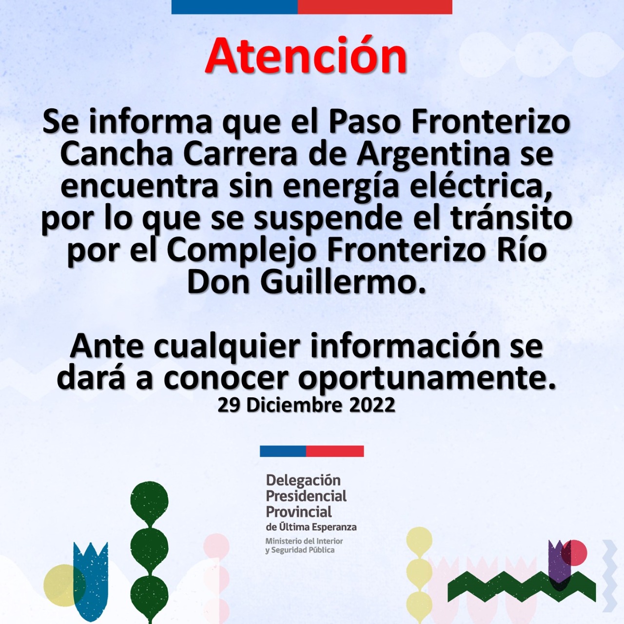 Suspendido provisoriamente el tráfico por Paso Fronterizo Don Guillermo en Ultima Esperanza