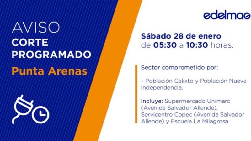 EDELMAG informa corte programado de suministro eléctrico este sábado 28 de enero en Punta Arenas