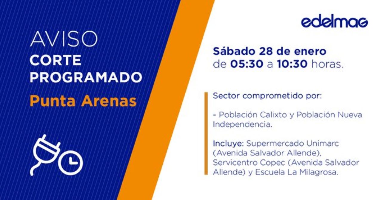 EDELMAG informa corte programado de suministro eléctrico este sábado 28 de enero en Punta Arenas