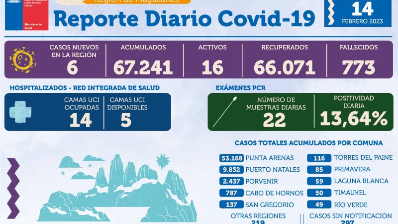 6 casos nuevos de covid19 se registran este martes 14 de febrero en Magallanes