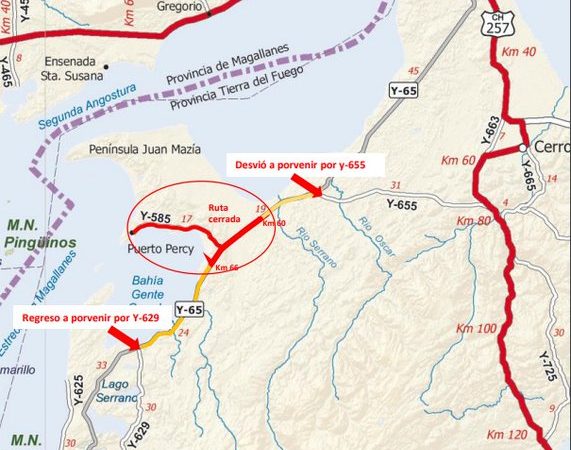 Ministerio de Obras Públicas informa corte de Ruta Y65 en Tierra del Fuego por incendio forestal