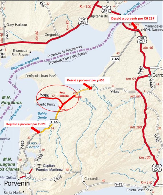 Ministerio de Obras Públicas informa corte de Ruta Y65 en Tierra del Fuego por incendio forestal