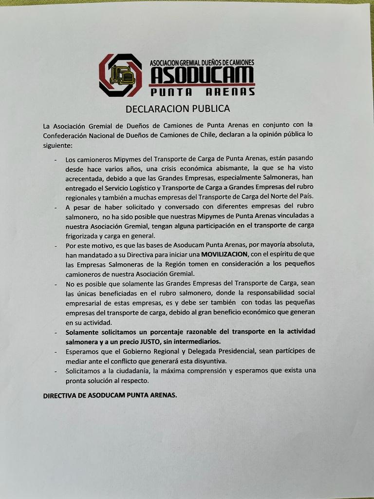 Empresarios camioneros de Punta Arenas reclaman cuota de transporte a las empresas salmoneras de la región