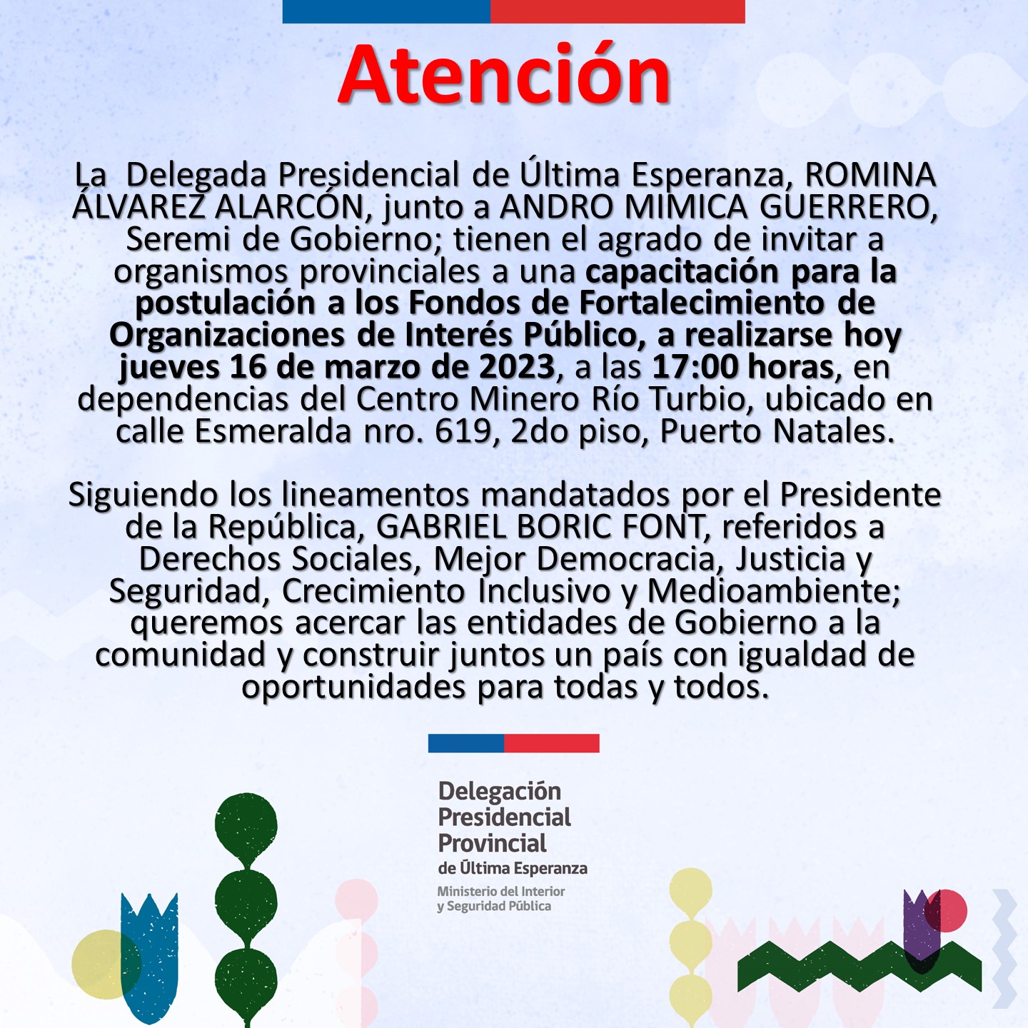 SEREMI de Gobierno y Delegada Provincial de Ultima Esperanza promueven Fondo de Fortalecimiento de Organizaciones de Interés Público en Puerto Natales