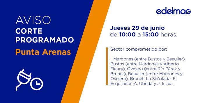 Corte programado de suministro eléctrico realiza EDELMAG este jueves 29 de junio en Punta Arenas