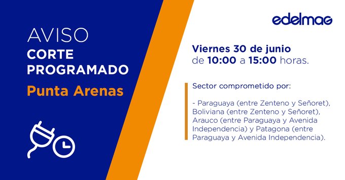 Corte programado de suministro eléctrico en Punta Arenas anuncia EDELMAG para el viernes 30 de junio