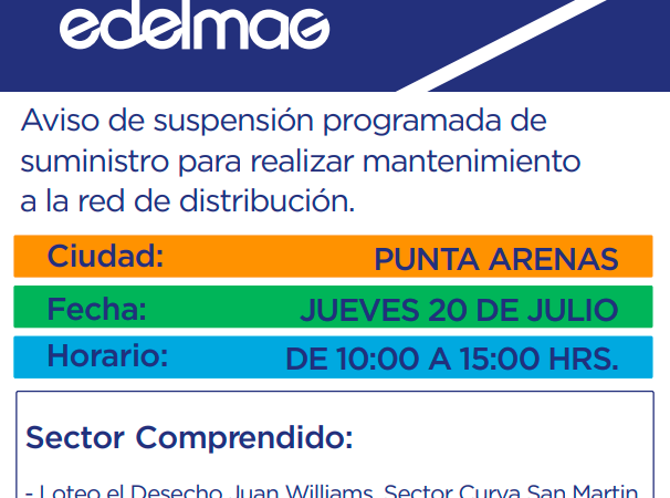 EDELMAG informa corte programado de suministro eléctrico en Punta Arenas este jueves 20 de julio