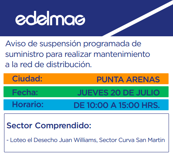 EDELMAG informa corte programado de suministro eléctrico en Punta Arenas este jueves 20 de julio