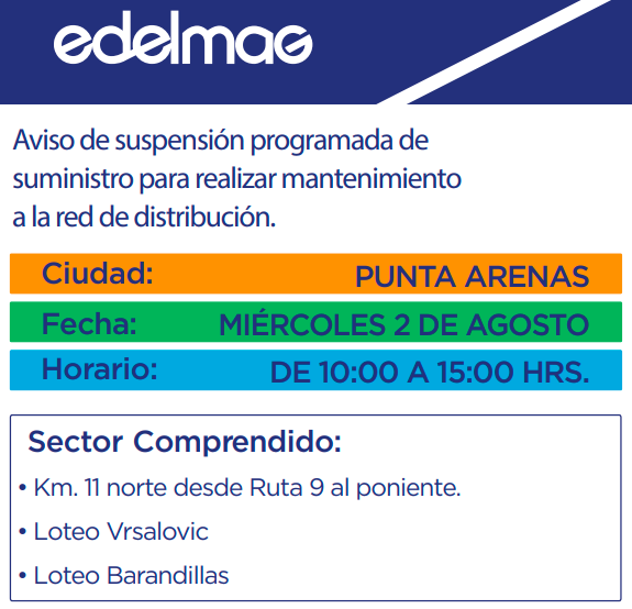 Corte programado del suministro eléctrico en Punta Arenas, informa EDELMAG para el miércoles 2 de agosto