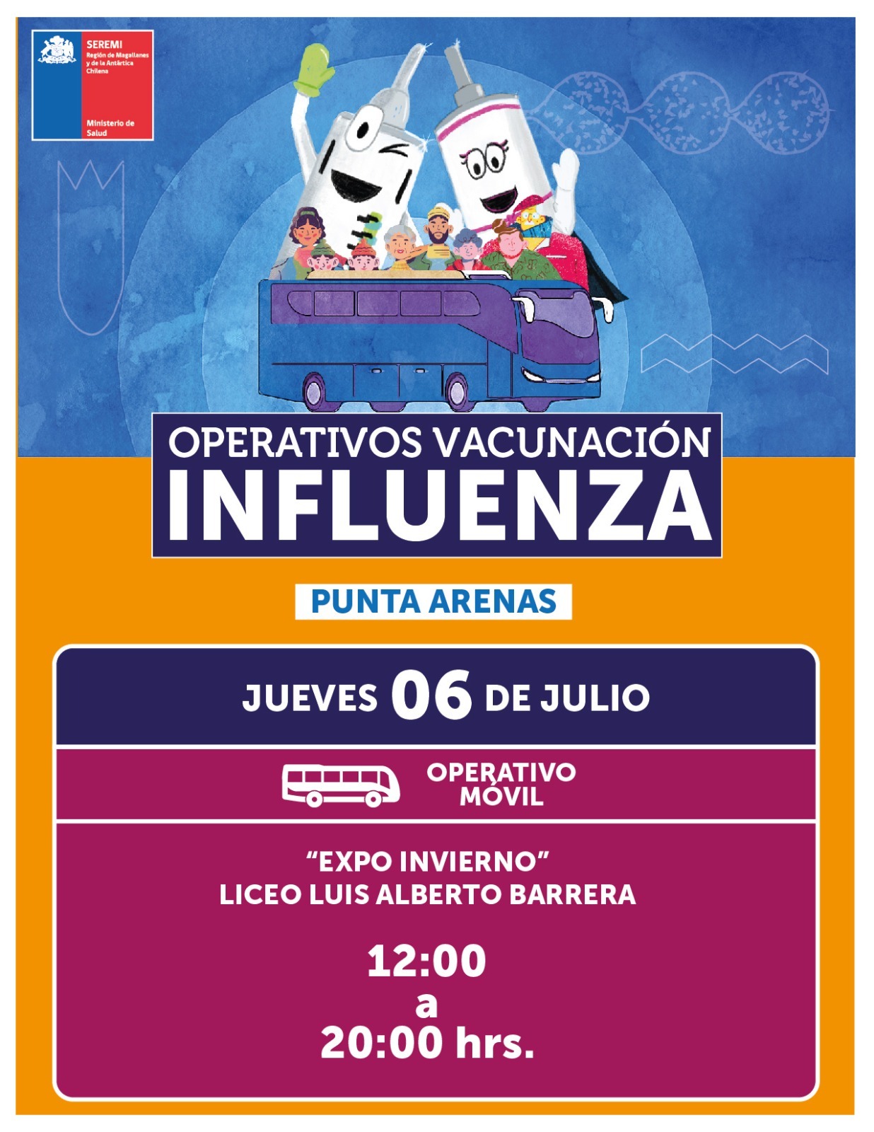 Operativo móvil de vacunación contra la influenza se realiza este jueves 6 de julio en Punta Arenas