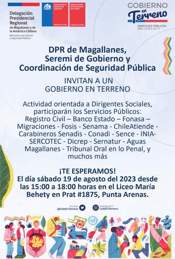 Gobierno en Terreno invita a vecinas y vecinos de Punta Arenas a una atractiva actividad para organizaciones sociales | Este sábado a las 15.00 horas en el Liceo María Behety