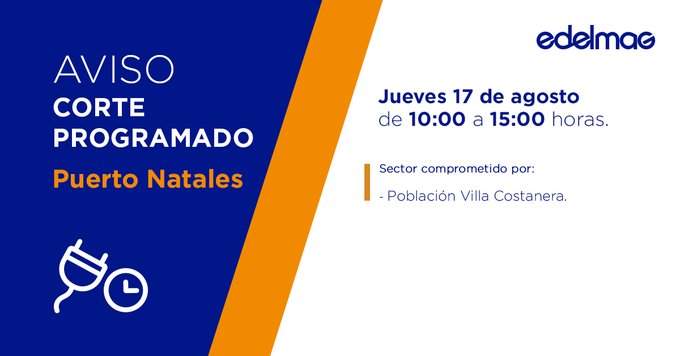 EDELMAG informa interrupción de suministro eléctrico en Puerto Natales el jueves 17 de agosto