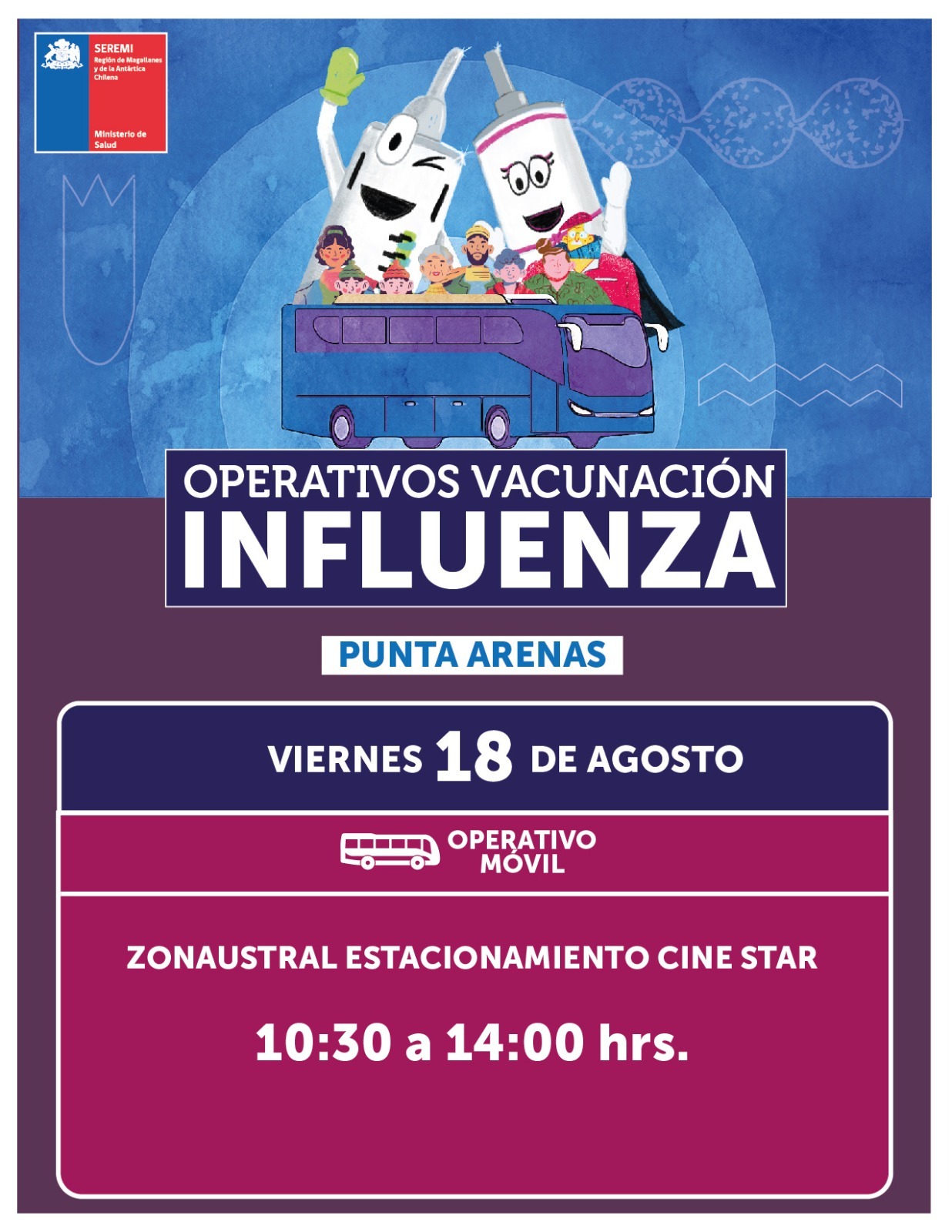 Continúan operativos de vacunación contra la influenza en Punta Arenas