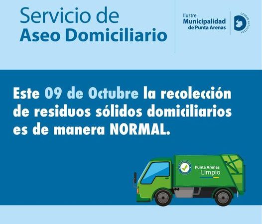 Este lunes 9 de octubre recolección de residuos se realizará normalmente en Punta Arenas