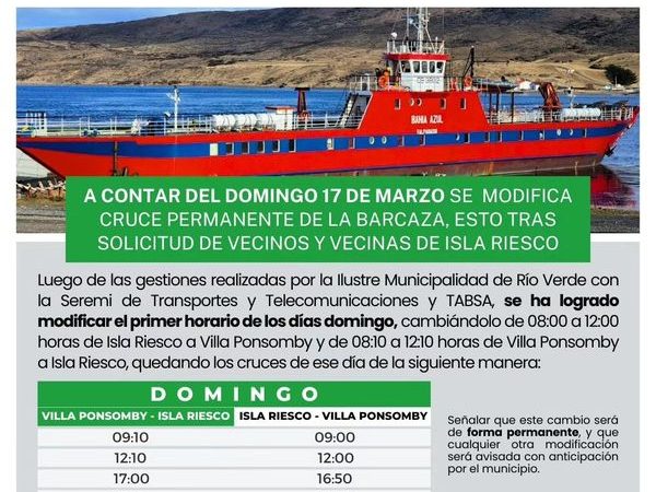 Desde el 17 de marzo se modifican horarios de cruce de barcaza entre Río Verde e Isla Riesco