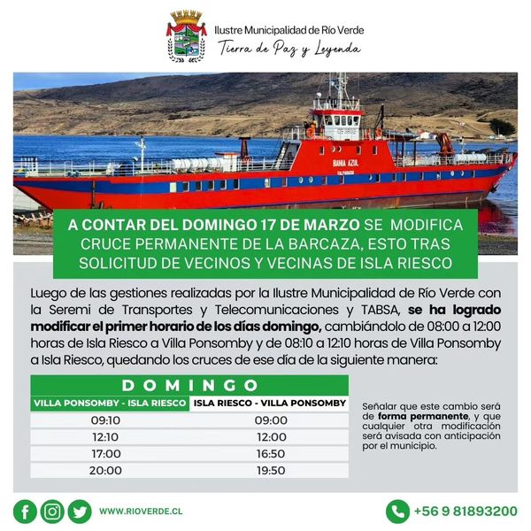 Desde el 17 de marzo se modifican horarios de cruce de barcaza entre Río Verde e Isla Riesco