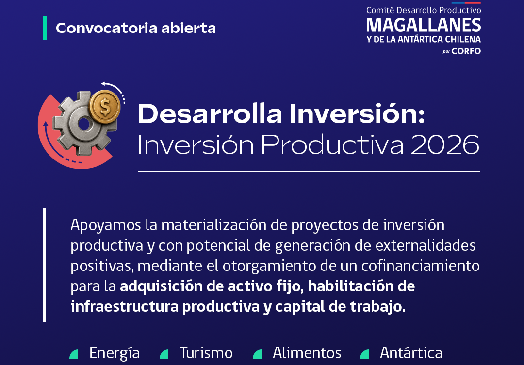 Comité Desarrollo Productivo Regional de CORFO abre convocatoria de Activa Inversión para fortalecer proyectos productivos en Magallanes.