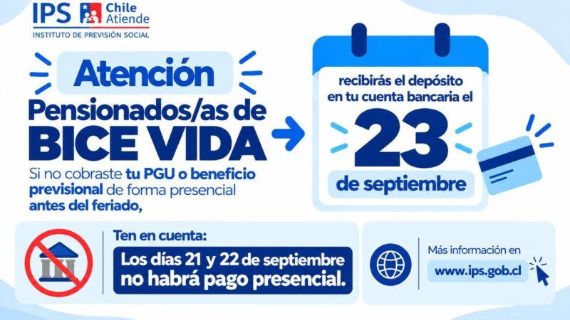 Pensionados de BICE VIDA que aún no reciben su PGU o beneficio del IPS: estará en sus cuentas este miércoles 23 de septiembre.