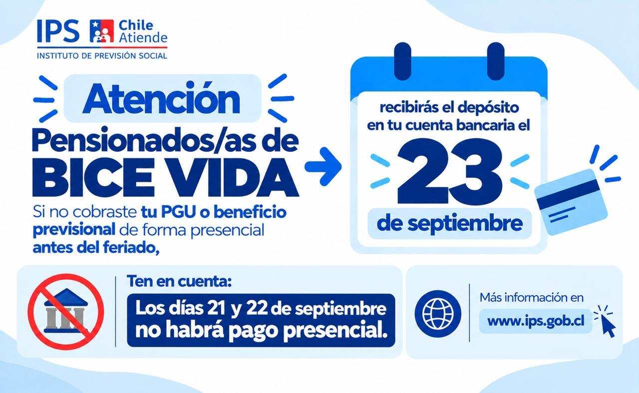 Pensionados de BICE VIDA que aún no reciben su PGU o beneficio del IPS: estará en sus cuentas este miércoles 23 de septiembre.