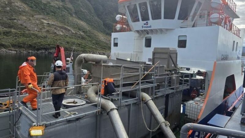 SERNAPESCA continúa fiscalizando retiro de mortalidad de peces en Magallanes.